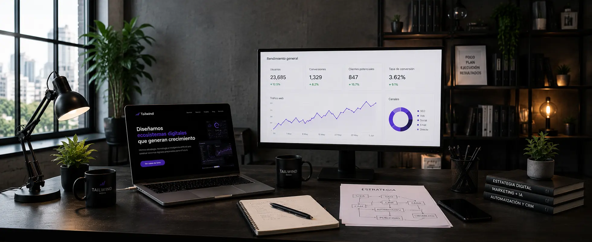Espacio de trabajo de Tailwind Media con dashboard de analítica, diseño web, SEO, CRM y automatización para empresas.